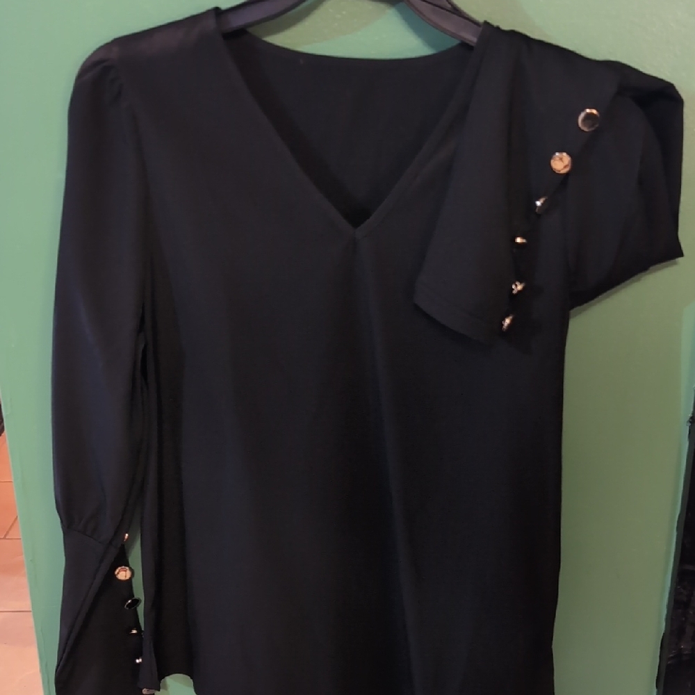 Black V-Neck Blouse with Button Accents